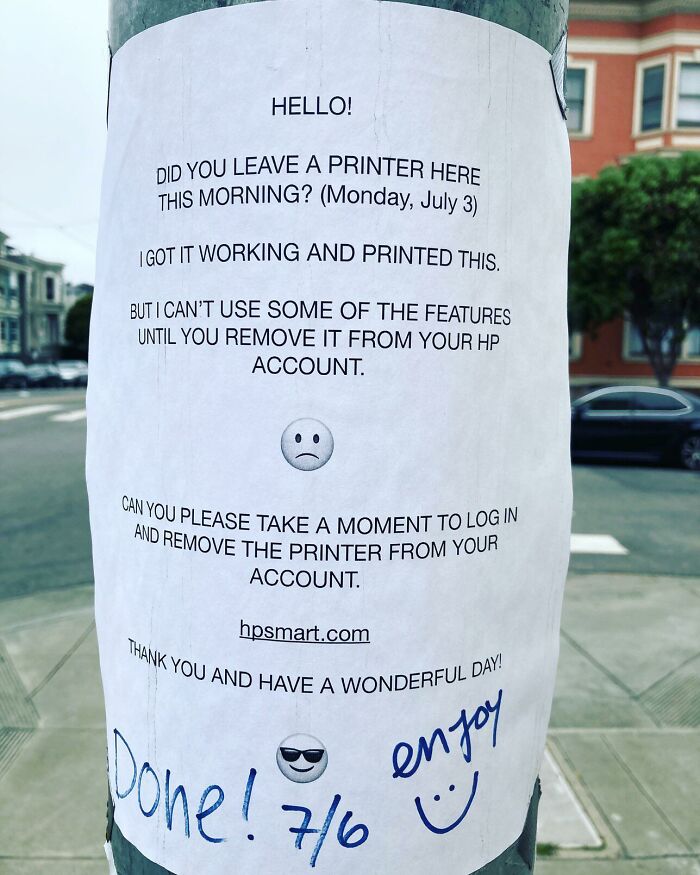 Funny engineering meme of a printed note left about a misplaced printer on a street pole.
