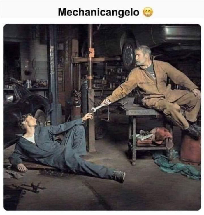 Two mechanics in a garage recreate a famous scene, humorously depicting engineering memes with a wrench.
