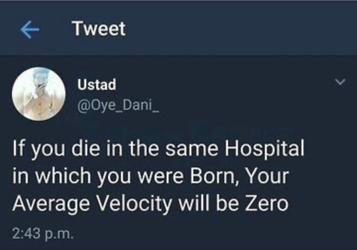Tweet screenshot about average velocity humor, part of hilarious engineering memes.