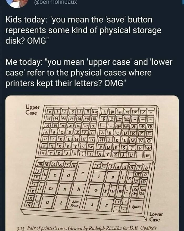 Hilarious engineering meme comparing the meaning of save button and letter cases with a diagram of printer's case.