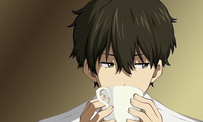 Houtarou Oreki from Hyouka drinking 