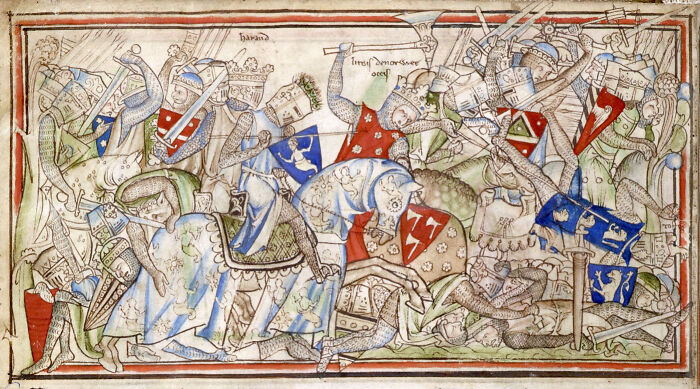 Medieval battle scene featuring knights in armor, illustrating the concept of the coolest person to have ever lived.