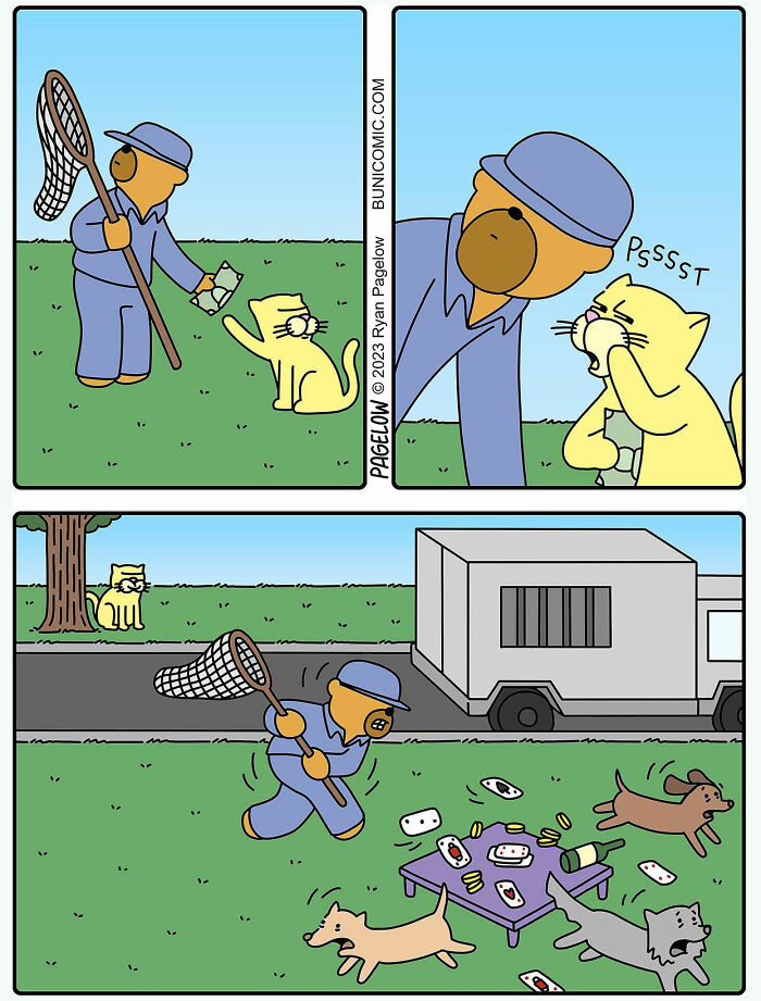 A comic about cat informing where the dogs are