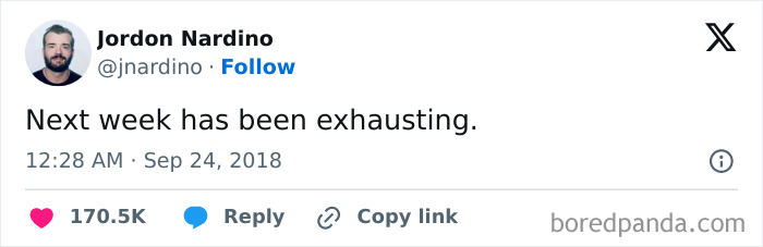 Tweet by Jordon Nardino expressing exhaustion about the upcoming workweek in a relatable work meme format.