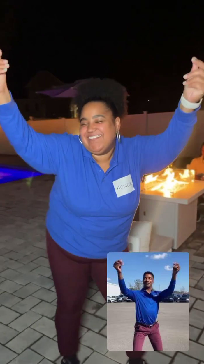 Woman at meme-themed party dancing, matching outfit perfectly with a man in an inset image.