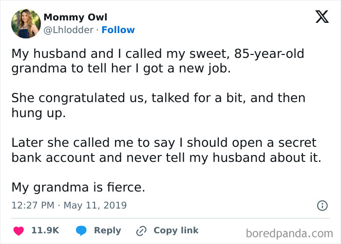 Tweet about a new job announcement and a fierce grandma’s hilarious advice, reflecting relatable work humor.