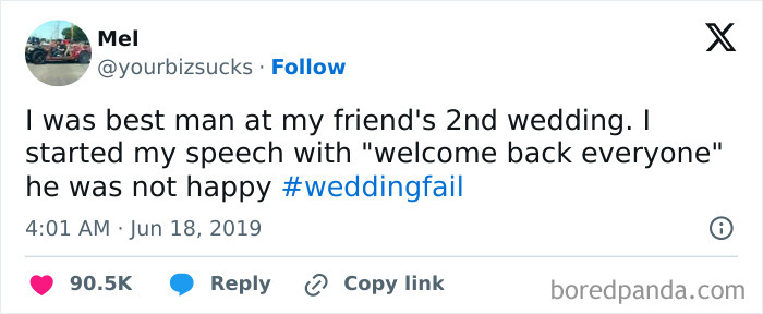 Tweet by Mel joking about a #weddingfail as a best man speech at a friend's second wedding.