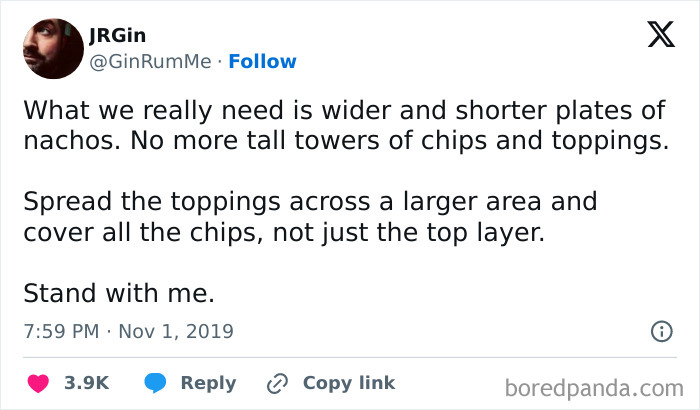 Tweet about wider nacho plates, humorously discussing chip and topping distribution.