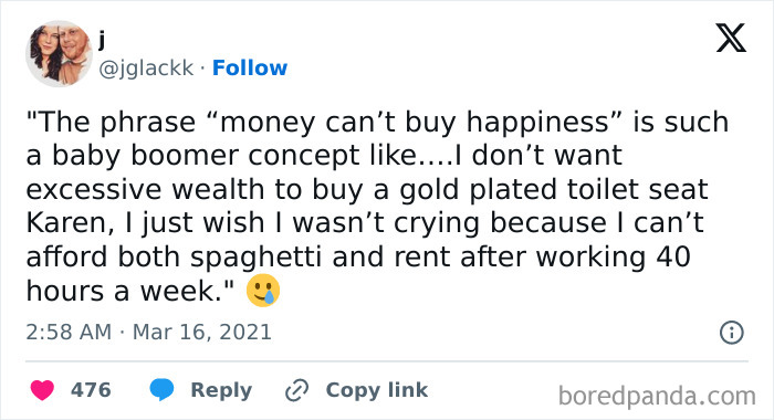 Tweet about struggling to afford essentials after working 40 hours a week, highlighting relatable work memes humor.