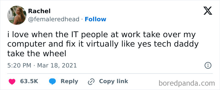 A humorous tweet about IT people fixing a computer remotely, illustrating relatable work memes and tech support frustrations.