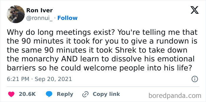 Tweet about long meetings compared to Shrek’s journey, featured in hilariously relatable memes about work culture.