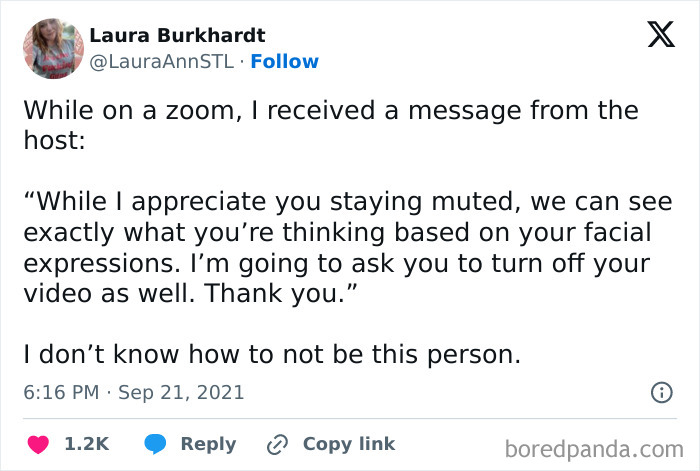 Tweet about a Zoom meeting where the host asks a muted participant to turn off their video due to visible facial expressions.