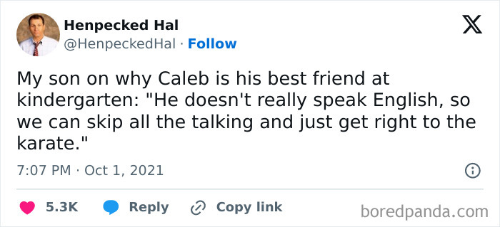 Tweet from Henpecked Hal with a humorous parenting story about a son's kindergarten friendship.