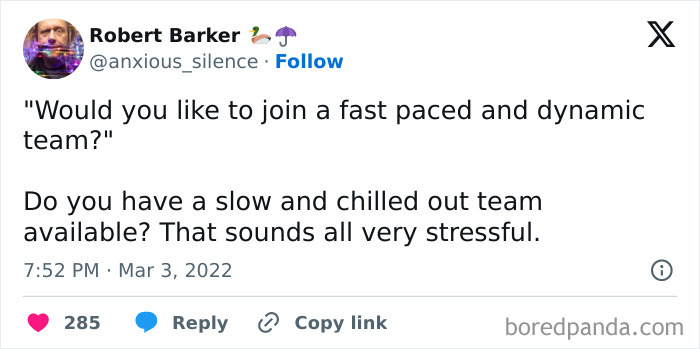 Tweet by Robert Barker sharing a relatable work meme about fast-paced teams versus chilled out teams, highlighting work stress.