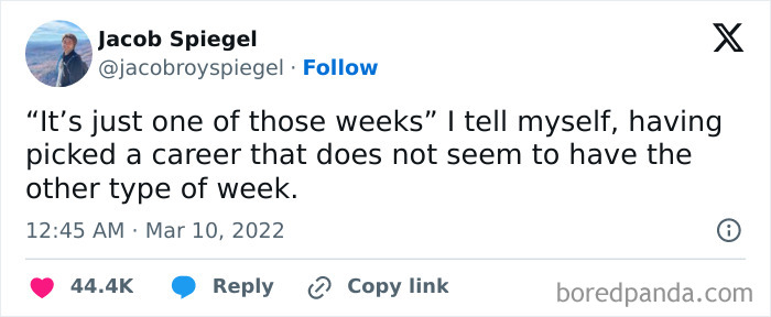Tweet by Jacob Spiegel reflecting on relatable work struggles, capturing the humor and pain of common career challenges.