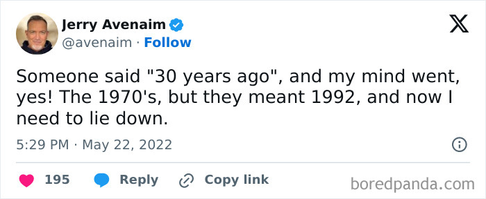 Tweet screenshot of Jerry Avenaim humorously reflecting on getting old faster than expected by confusing decades.