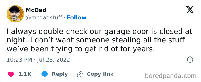 Funny dad post about double-checking garage door to avoid theft of unwanted items.