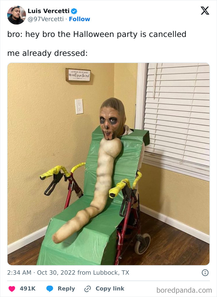 Person in a clever Halloween costume sitting in a walker, blending creative and humorous elements.