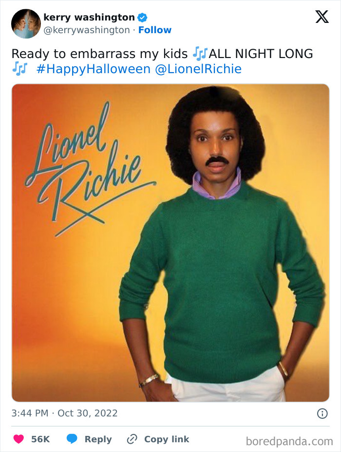 Person dressed in a clever Halloween costume as Lionel Richie with mustache and afro hairstyle.