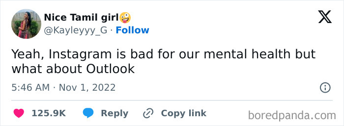 Tweet humorously comparing Instagram and Outlook related to mental health in a relatable work meme format.