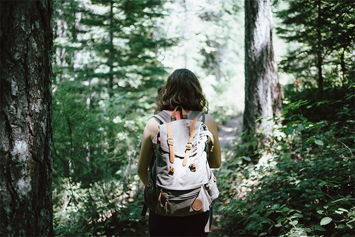 Traveler with backpack hiking through dense forest, illustrating tips on what not to do when visiting the US safely.