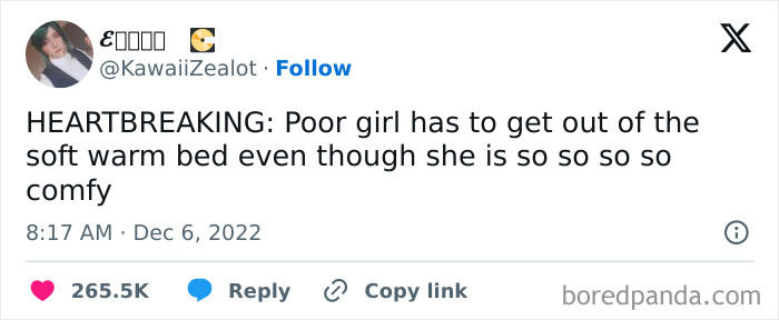 Tweet about the struggle of leaving a cozy bed, illustrating hilariously relatable memes about work fatigue.