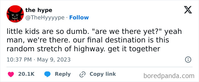 Tweet humorously depicting a child's impatience during a road trip with sarcastic commentary from a dad.