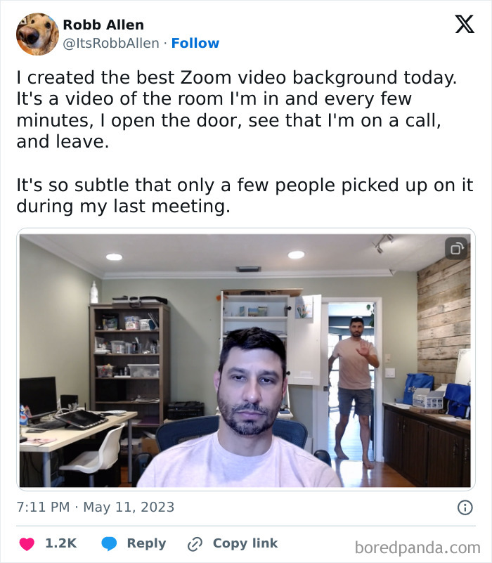 Man at desk on a Zoom call with a video background showing himself leaving the room, a relatable work meme.