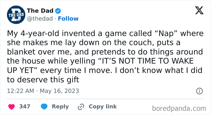 Tweet from The Dad about a funny game a 4-year-old invented, involving pretend naps and playful yelling.