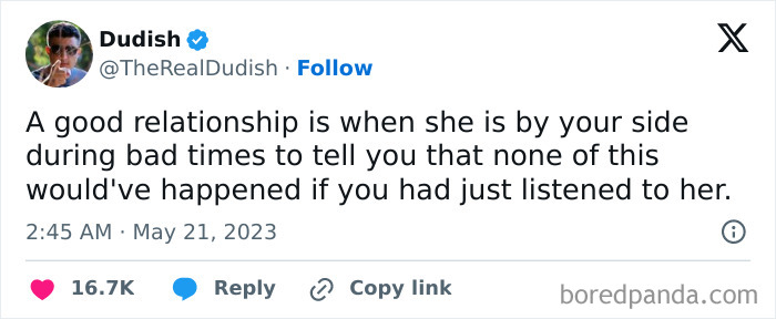 Tweet by Dudish about relationships, humorously reflecting on listening to your partner during tough times.