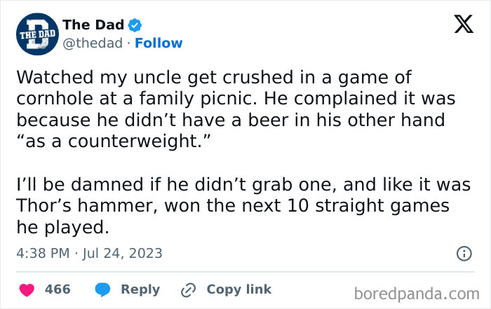 Tweet from 'The Dad' about an uncle winning cornhole games using a beer as a counterweight at a family picnic.