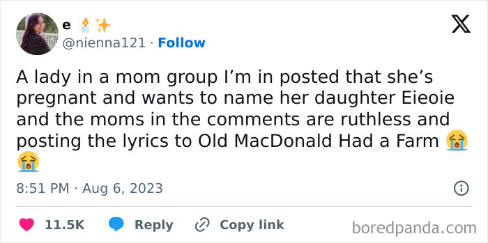 Text post about a mom naming her daughter Eieoie, drawing humorous reactions in comments.