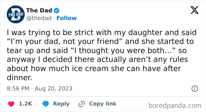 Tweet from 'The Dad' about parenthood humor, featuring a funny interaction with his daughter over ice cream rules.