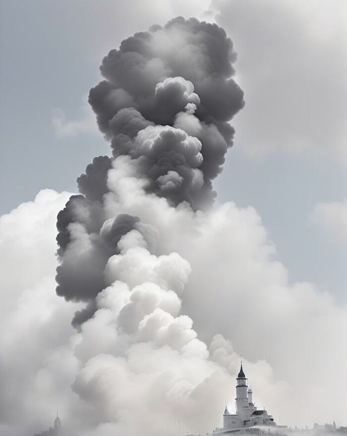 Black and white digital art with famous people disguised using artificial intelligence creating surreal smoke cloud effects above buildings.