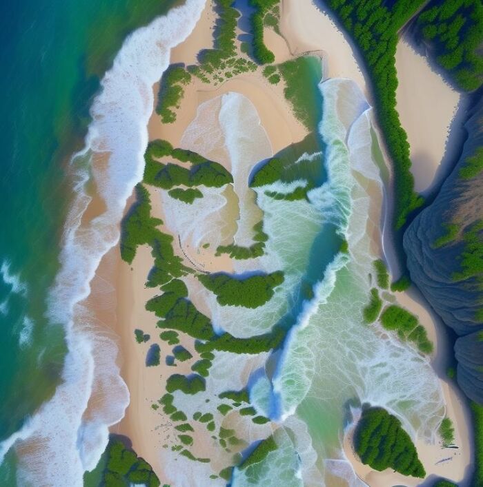 Aerial view of a beach with waves and greenery forming an artistic face using artificial intelligence.