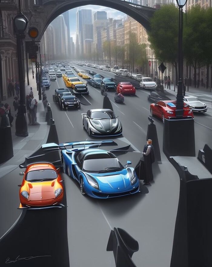 Luxury sports cars on a busy city street with people watching, created with the help of artificial intelligence.
