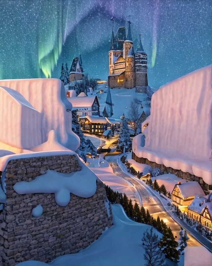 Snow-covered village under aurora lights, created with artificial intelligence blending art and famous people disguised.