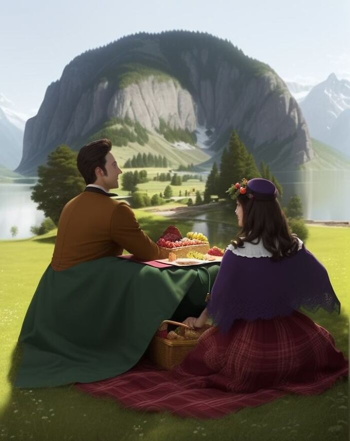 Two people having a picnic by a lake with mountains, created with artificial intelligence art disguised as famous people.