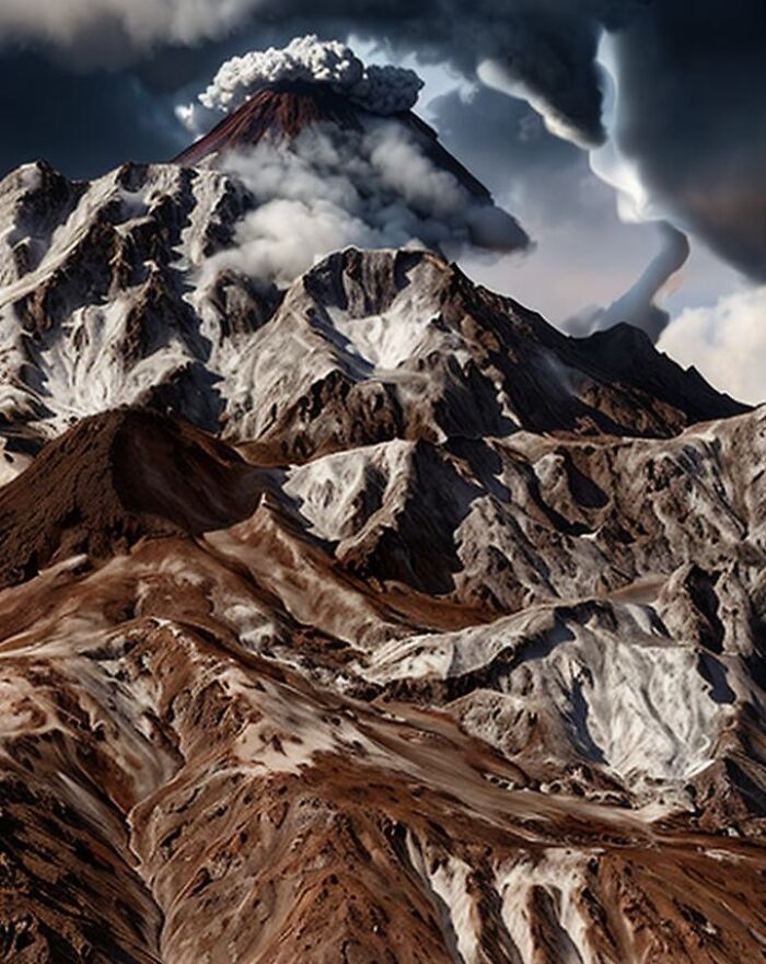 Volcanic mountain erupting with smoke and ash, created using artificial intelligence art techniques.