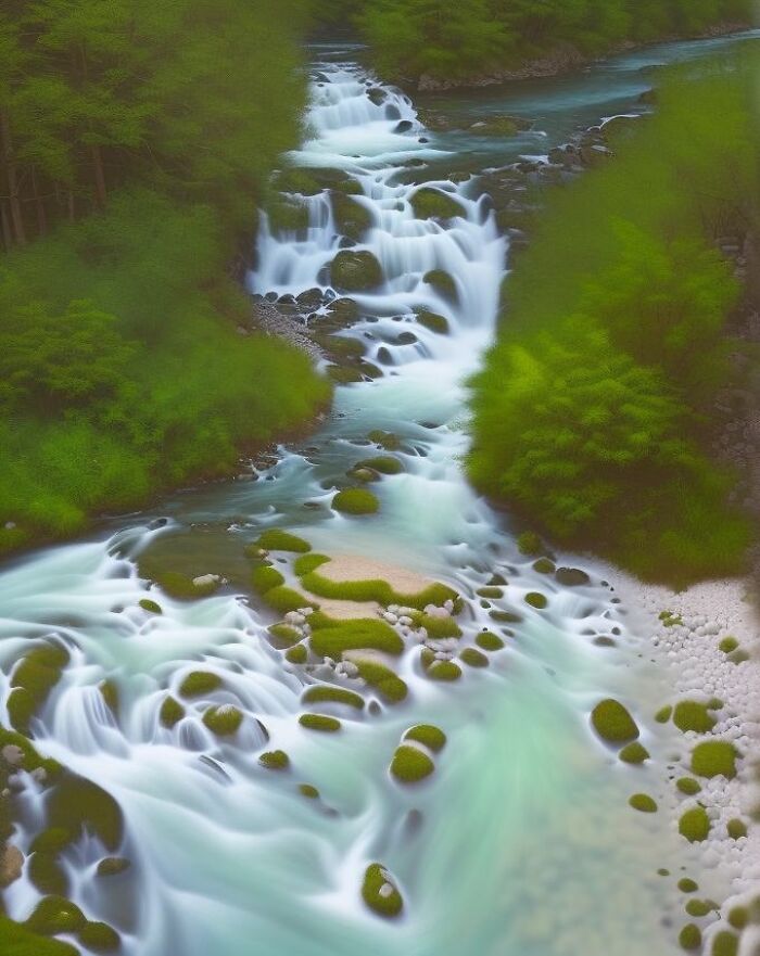 Artificial intelligence generated image resembling a famous person disguised in artistic waterfall scenery.