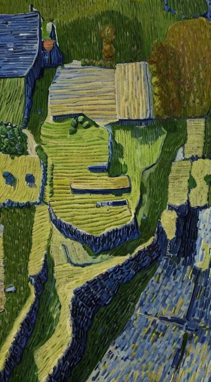 AI-created image blending fields and landscapes to form a disguised famous person's face in artistic style.