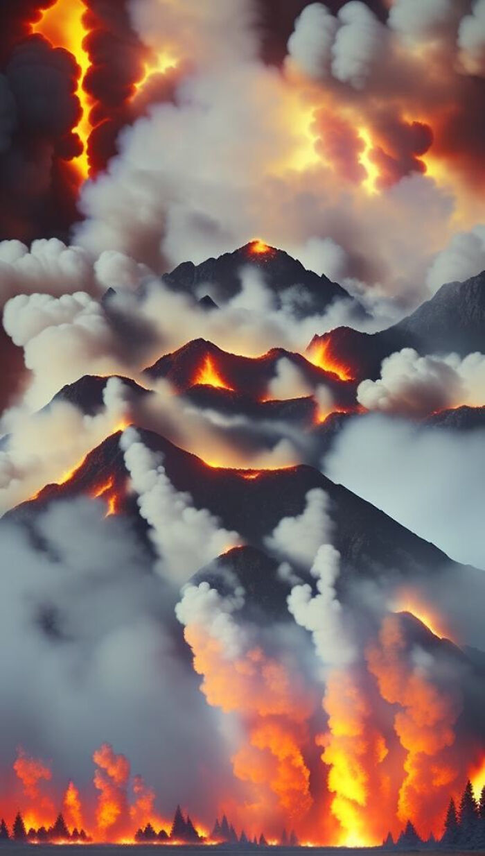 Volcanic mountains erupting with lava and thick smoke, showcasing a dramatic scene created with artificial intelligence art.