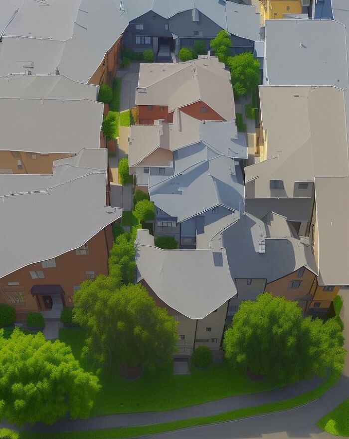 Aerial view of residential buildings surrounded by trees, created with the help of artificial intelligence artwork.