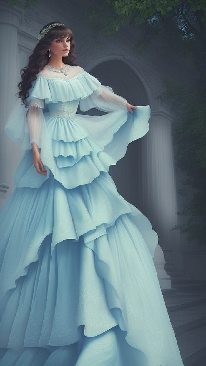 Woman dressed in a flowing blue gown in an artistic style created with the help of artificial intelligence.