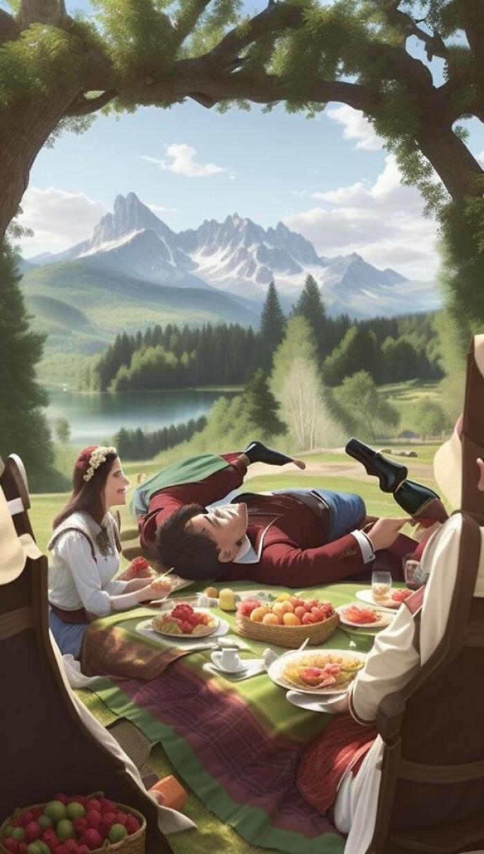 Picnic scene in a mountain landscape showing famous people disguised in art, created with artificial intelligence.