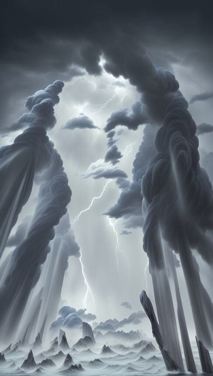 Surreal stormy scene with towering cloud formations and lightning, created using artificial intelligence art techniques.