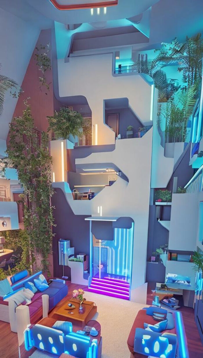 Modern interior with plants and neon lights, showcasing artificial intelligence created images of famous people disguised in art.