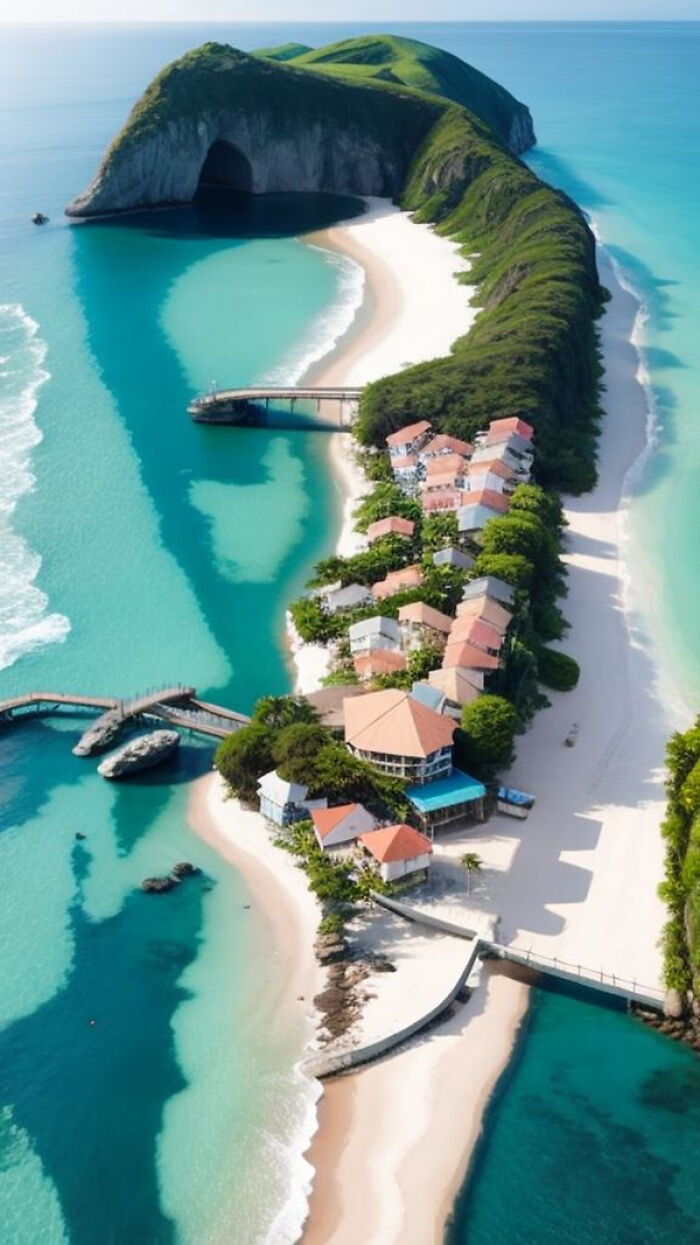 Aerial view of a tropical island resort with turquoise waters and white sandy beaches surrounded by lush greenery.