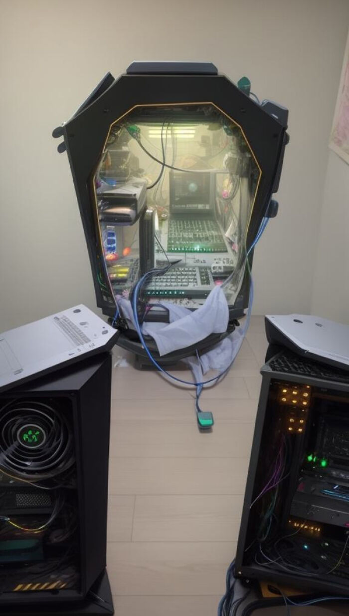 AI-generated image showing a futuristic computer setup reflecting famous people disguised in digital art forms.