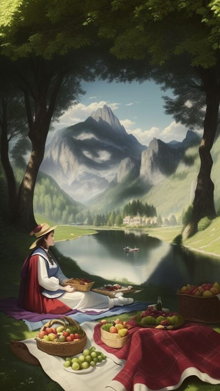 Woman having a picnic by the lake with a mountain face disguised in art created using artificial intelligence.